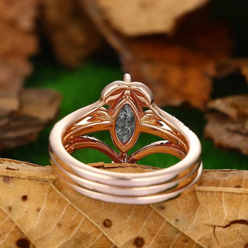 14k 18k Cluster  Art Deco Natural Black Rutilated Quartz Engagement Ring Set Moissanite Stacking Band