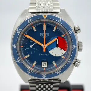 1970s Vintage Heuer Skipper 73463 Blue Steel Chronograph Valjoux 7734 Wristwatch