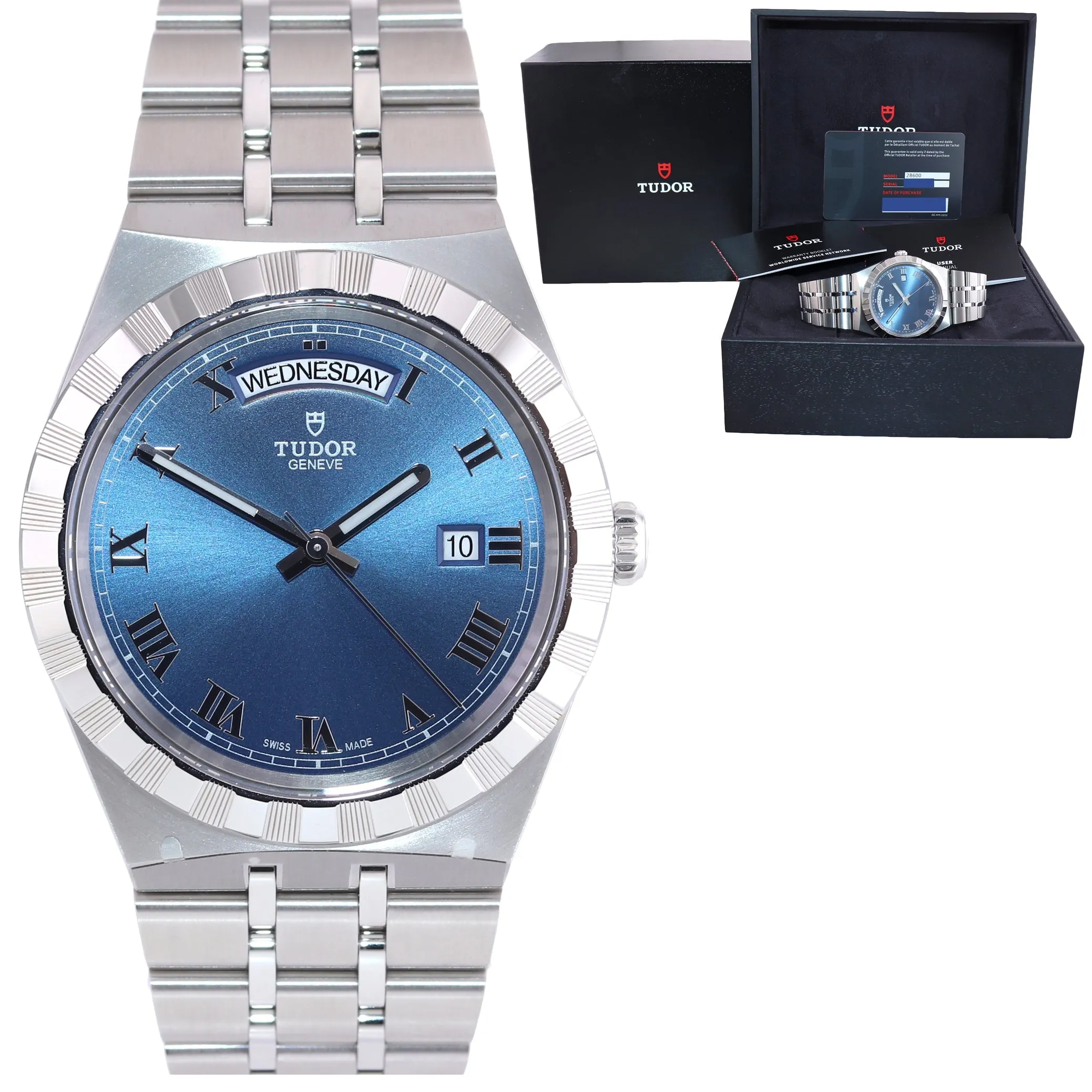 2021 PAPERS Tudor Royal Day Date 28600 Blue Roman 41mm Steel Watch