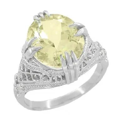 Art Deco Oval Filigree Lemon Quartz Statement Ring in Sterling Silver | 4.35 Carats