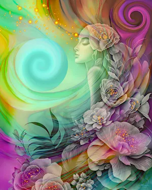 Colorful Goddess Art with Rainbow Flowers, Positive Energy Artwork - "Flower Child"