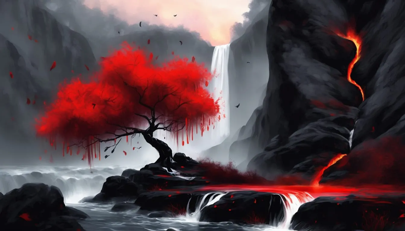 Japanese Style Red Black White Bonsai Tree Art | AI-Generated Digital Download for Canvas Poster Wall Art DIY Crafts