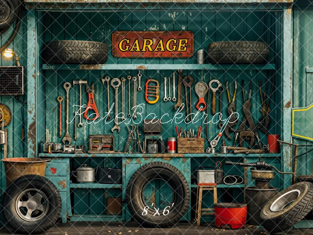 Kate Industrial Vintage Garage Tools Tire Backdrop Designed by Emetselch