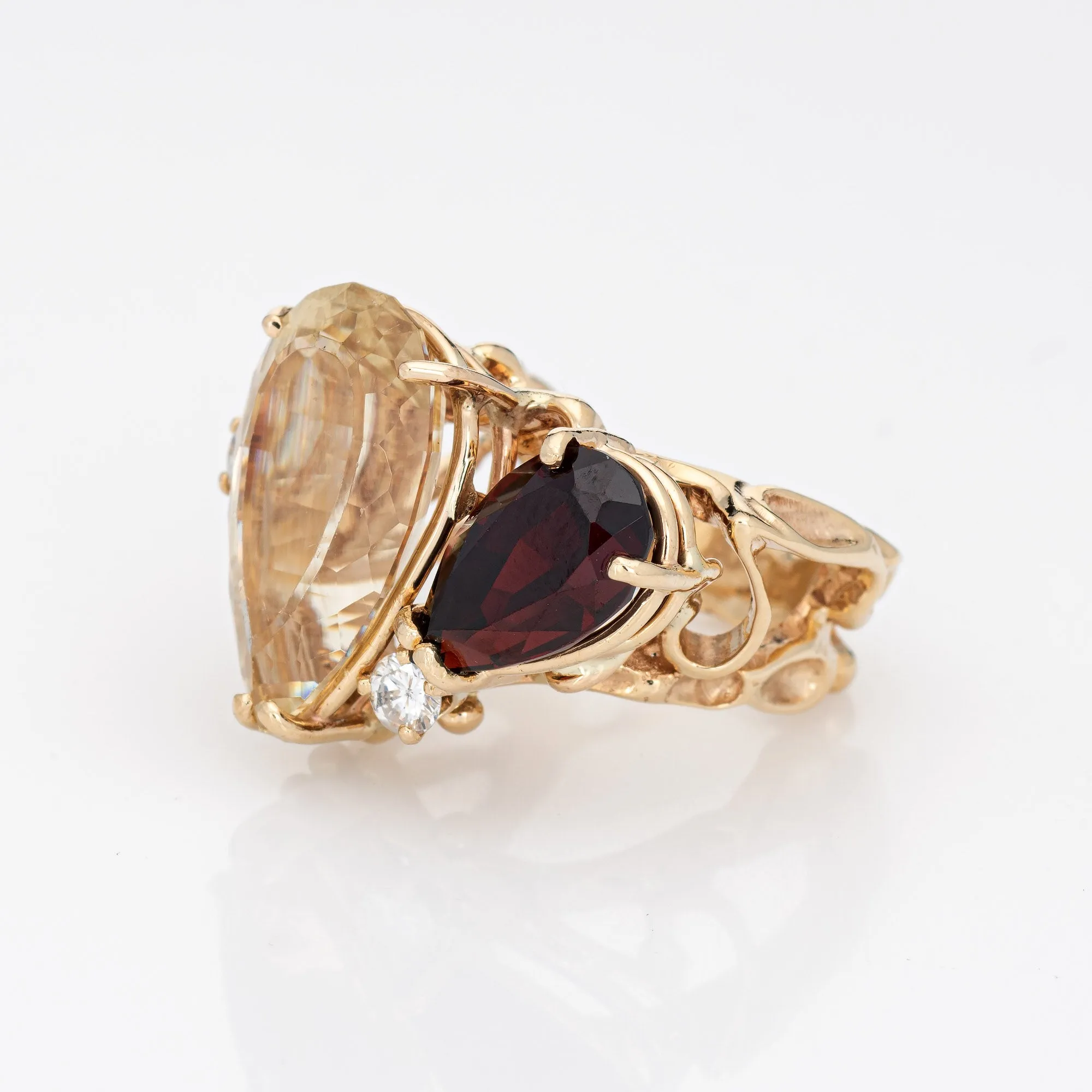 Lemon Quartz Garnet Diamond Abstract Ring Vintage 14k Yellow Gold 5.25 Jewelry