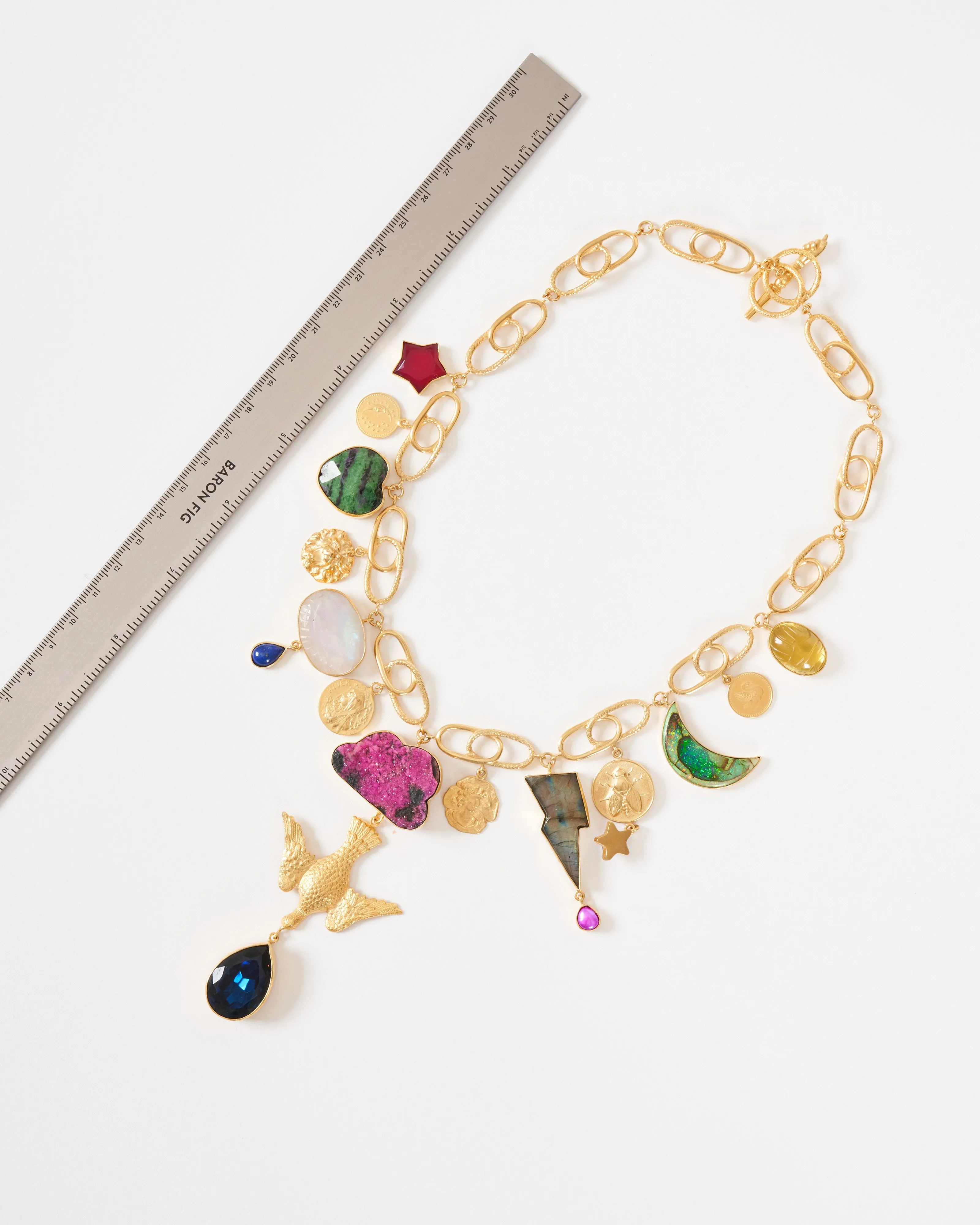 linked celestial charm necklace - gold/multi