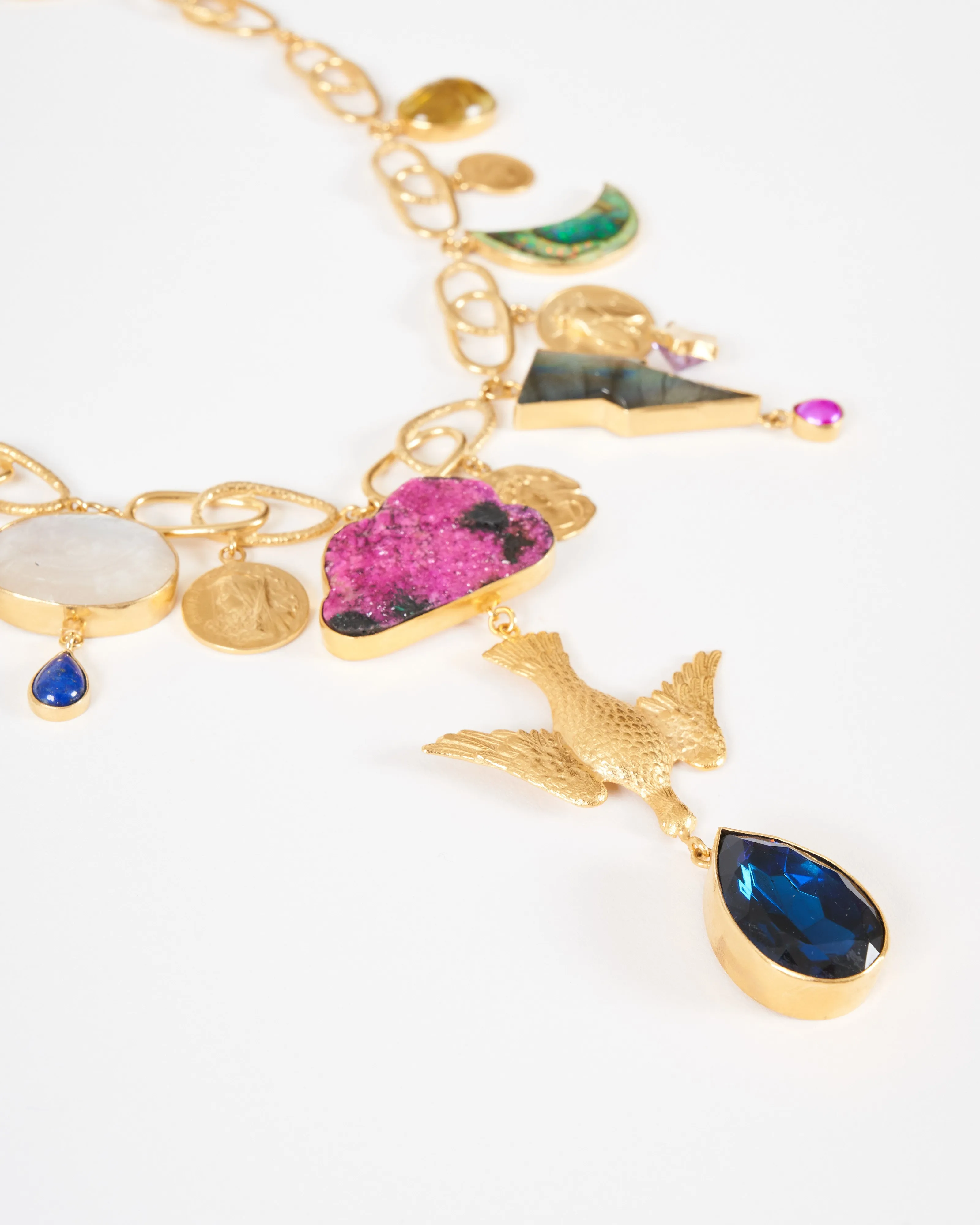 linked celestial charm necklace - gold/multi