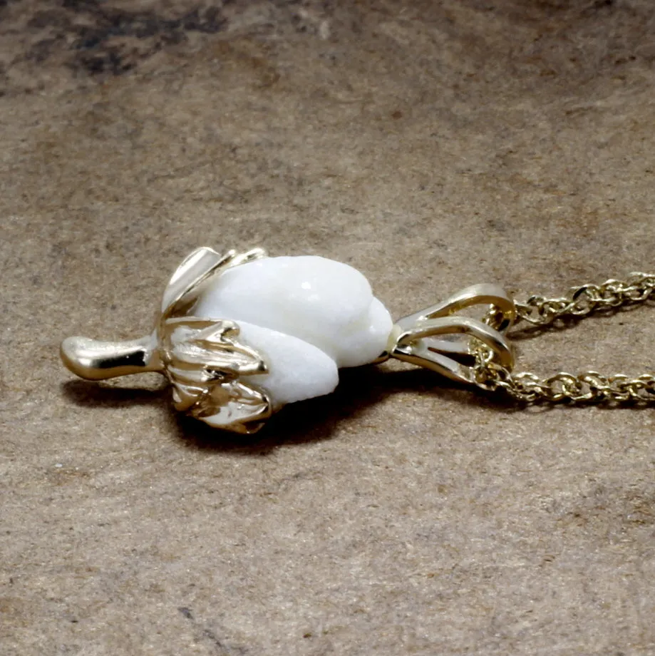 Matching Set of Cotton Boll Necklace And Dangle Earrings in 14kt Yellow Gold
