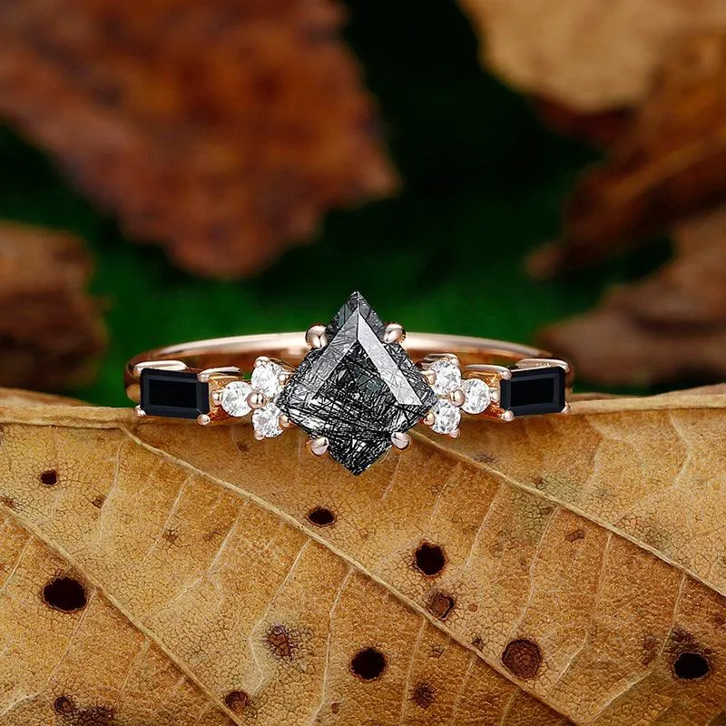 Natural Black Rutilated Quartz Kite Cut Unique Emerald Black Agate Cluster diamond Ring