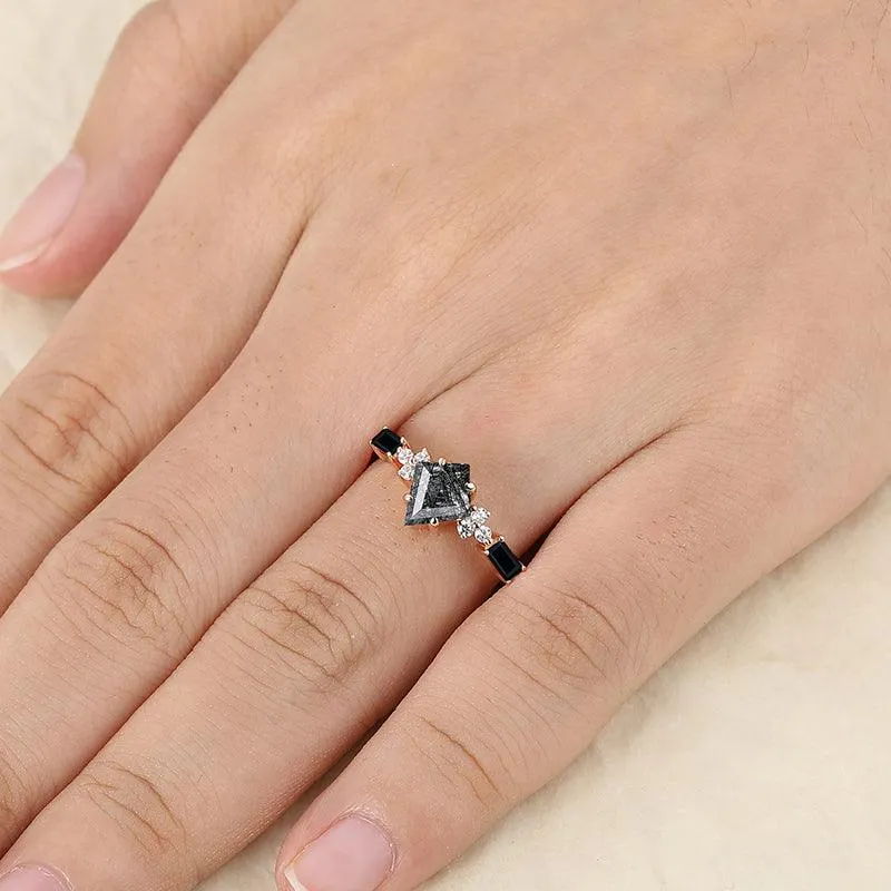 Natural Black Rutilated Quartz Kite Cut Unique Emerald Black Agate Cluster diamond Ring