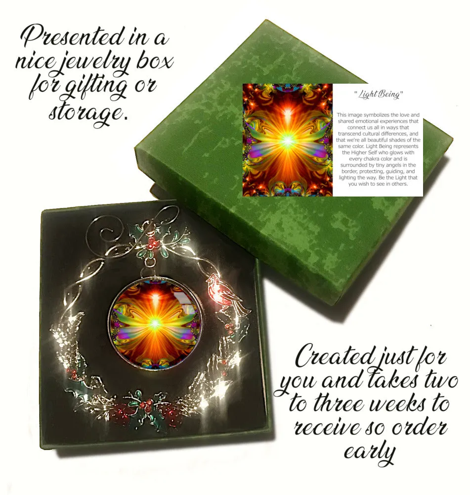 Orange Starburst Art Christmas Ornament, Metal Wreath with Hollies and Cardinal - "Light Being"