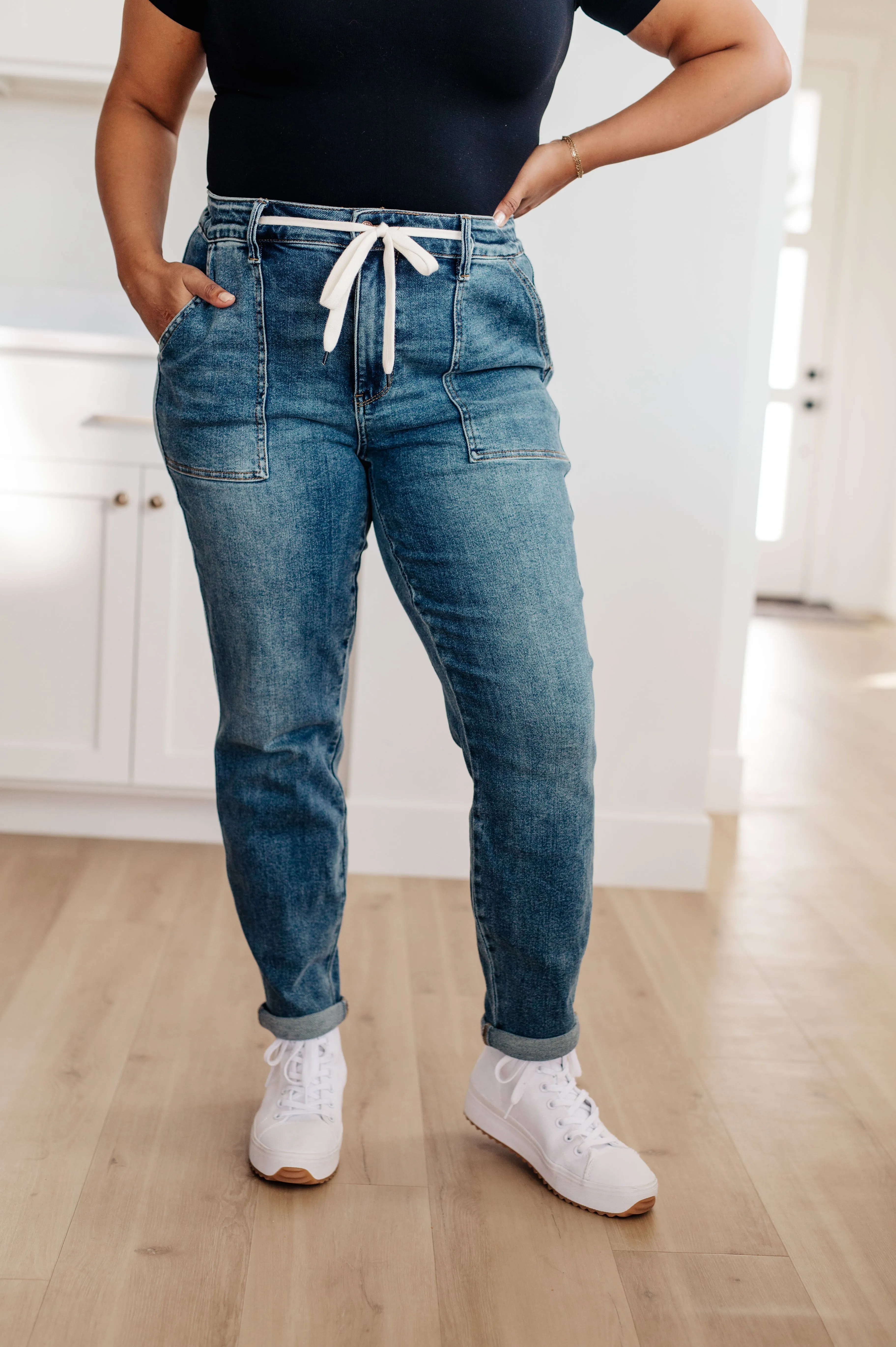 Play For Keeps Pull On Denim Judy Blue Joggers in Medium Wash