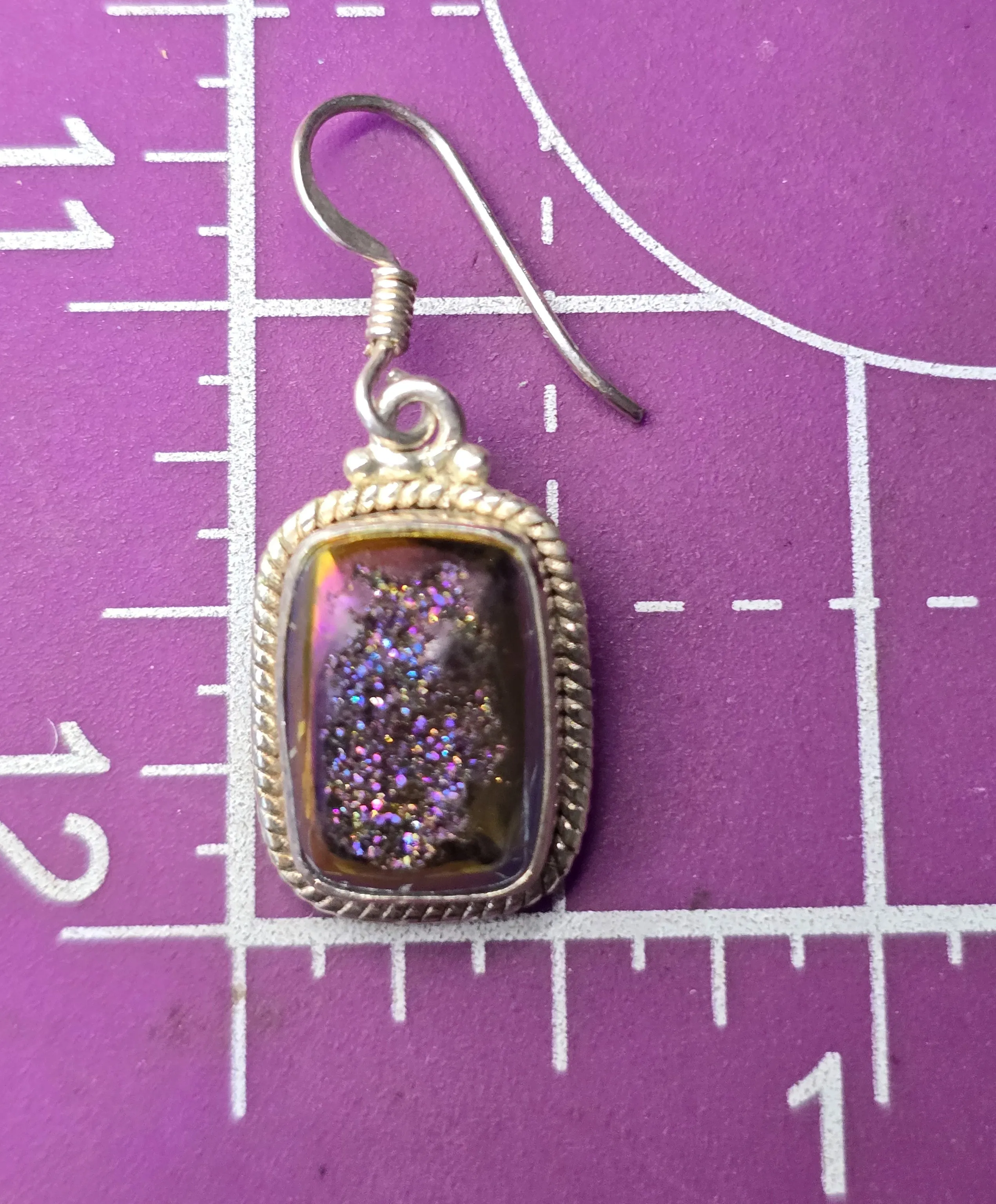 Purple Titanium Aura Druzy quartz gemstone sterling silver drop earrings