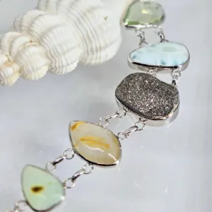 "Sea-Sparkles" 7" - 8" Bracelet - Prasiolite, Larimar, Druzy, Rutile Quartz, Prehnite, Anti-tarnish Sterling