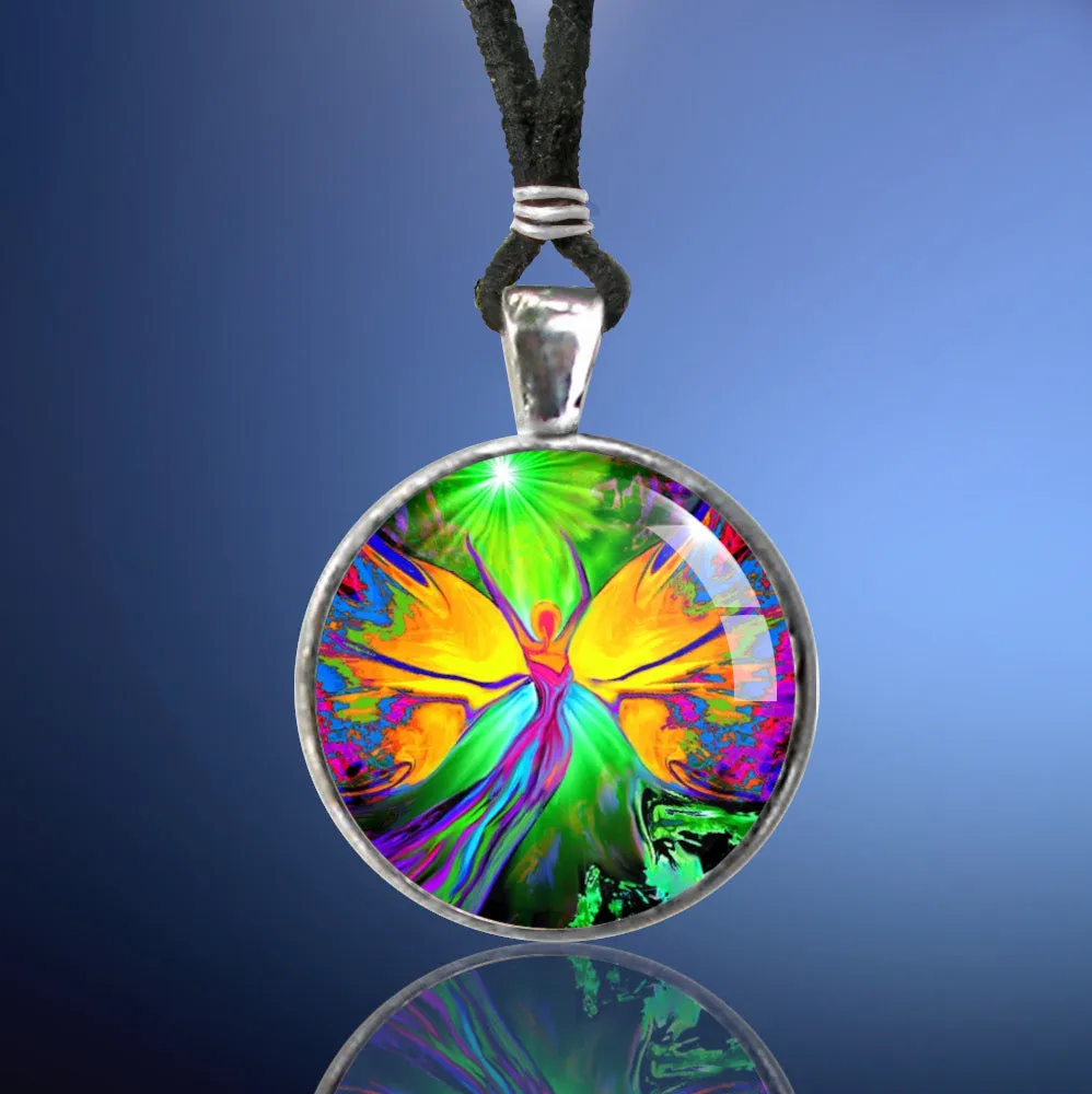 Rainbow Fairy Art Necklace, Reiki Energy Pendant, Metaphysical Chakra Artwork - "From Dark to Light"