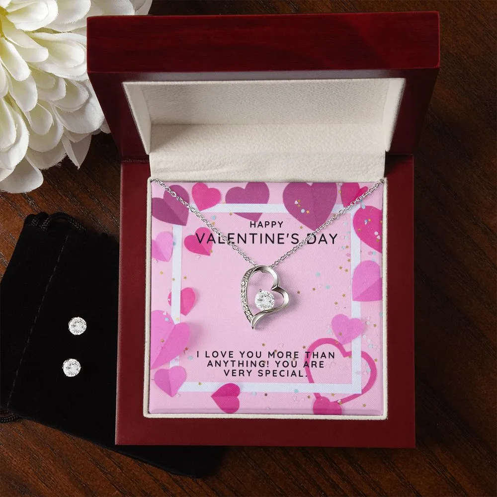Rose More Than Anything Valentine's Forever Heart Necklace & Cubic Zirconia Earring Set