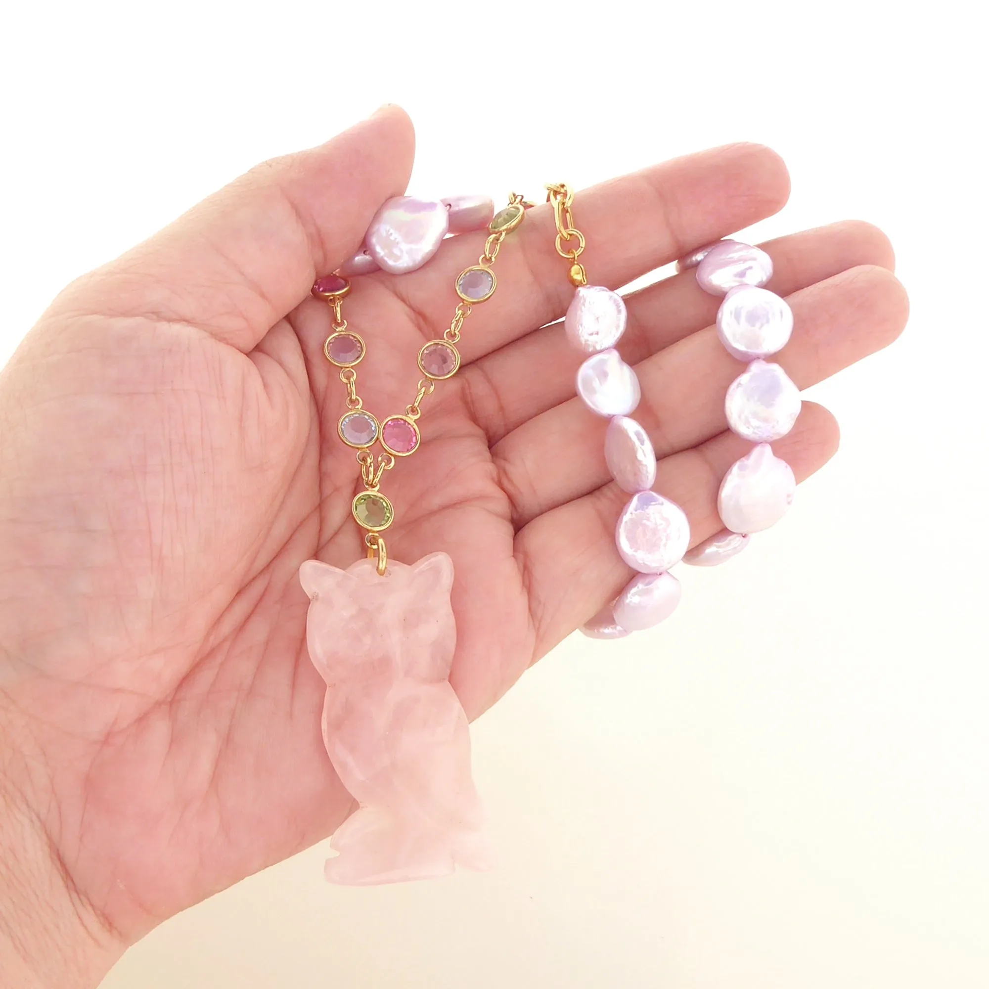 Rose quartz owl necklace