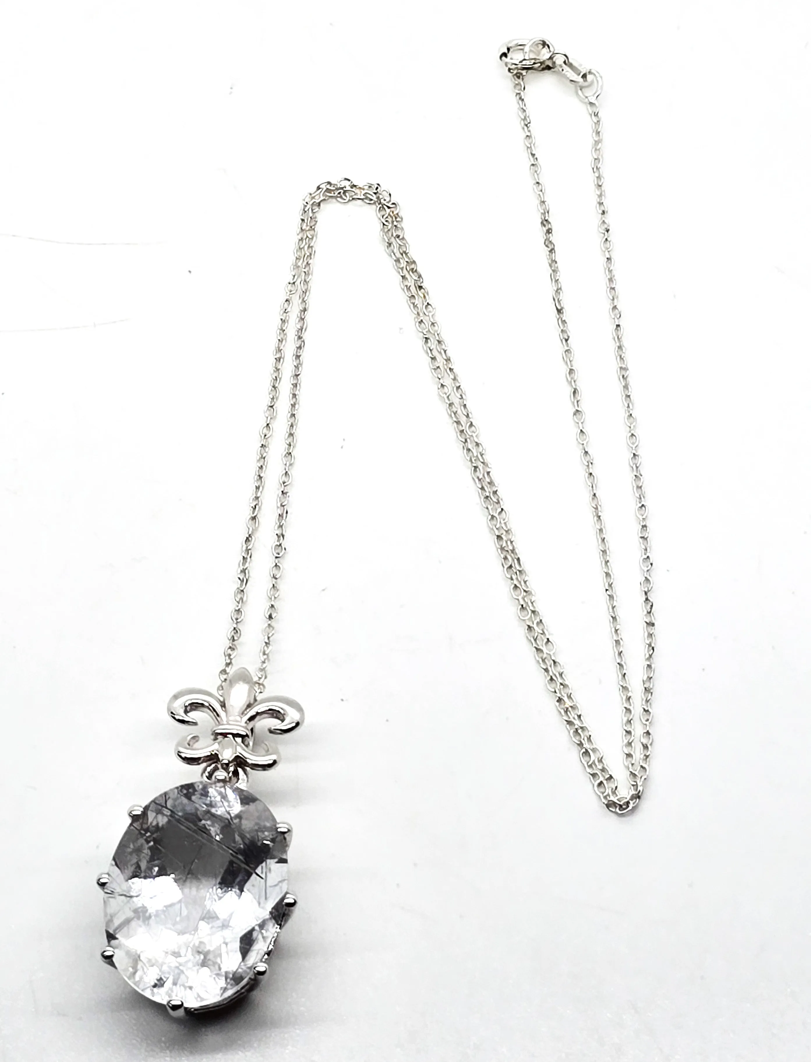 Rutilated Black Tourmaline in Quartz Fleur de Lis sterling silver pendant necklace