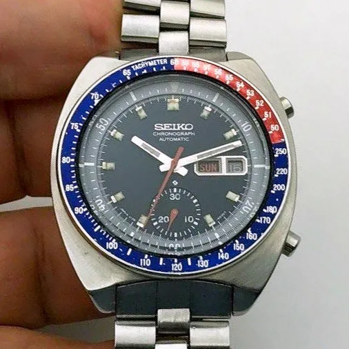 Seiko 6139-6002 Pogue AH001M -0030T Black Dial Automatic Chronograph c. 1974 Steel 41 mm