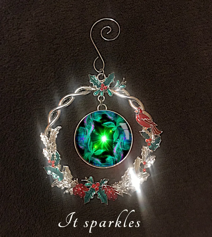 Sparkly Wreath Christmas Ornament With Green Twin Flame Art by Primal Painter - "Angel Hearts"