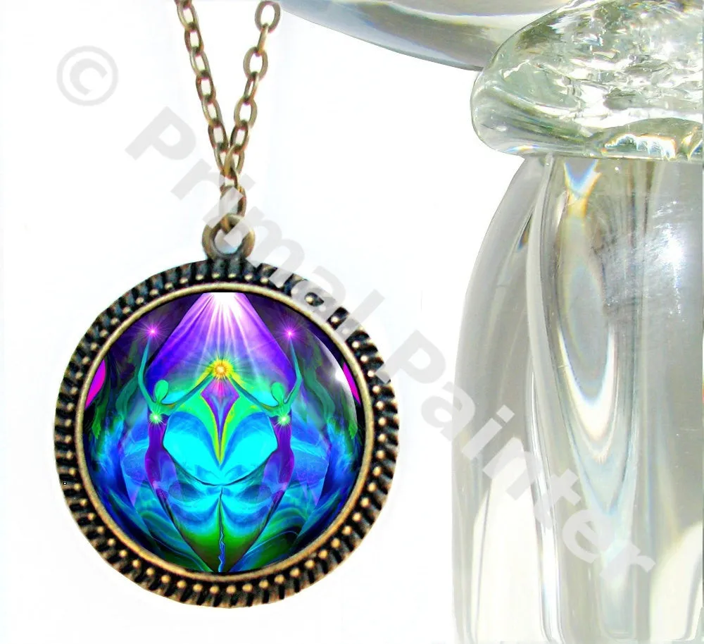 Twin Flames Heart Necklace, Purple Teal Chakra Jewelry, Lightworker Energy Art - "Unity"
