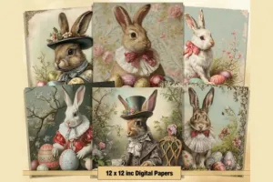 Victorian Easter Bunny Digital Papers, Printable Happy Easter Pages - Retro Vintage Whimsical Ephemera Collage Elements for Junk Journals, Decoupage & Scrapbooking