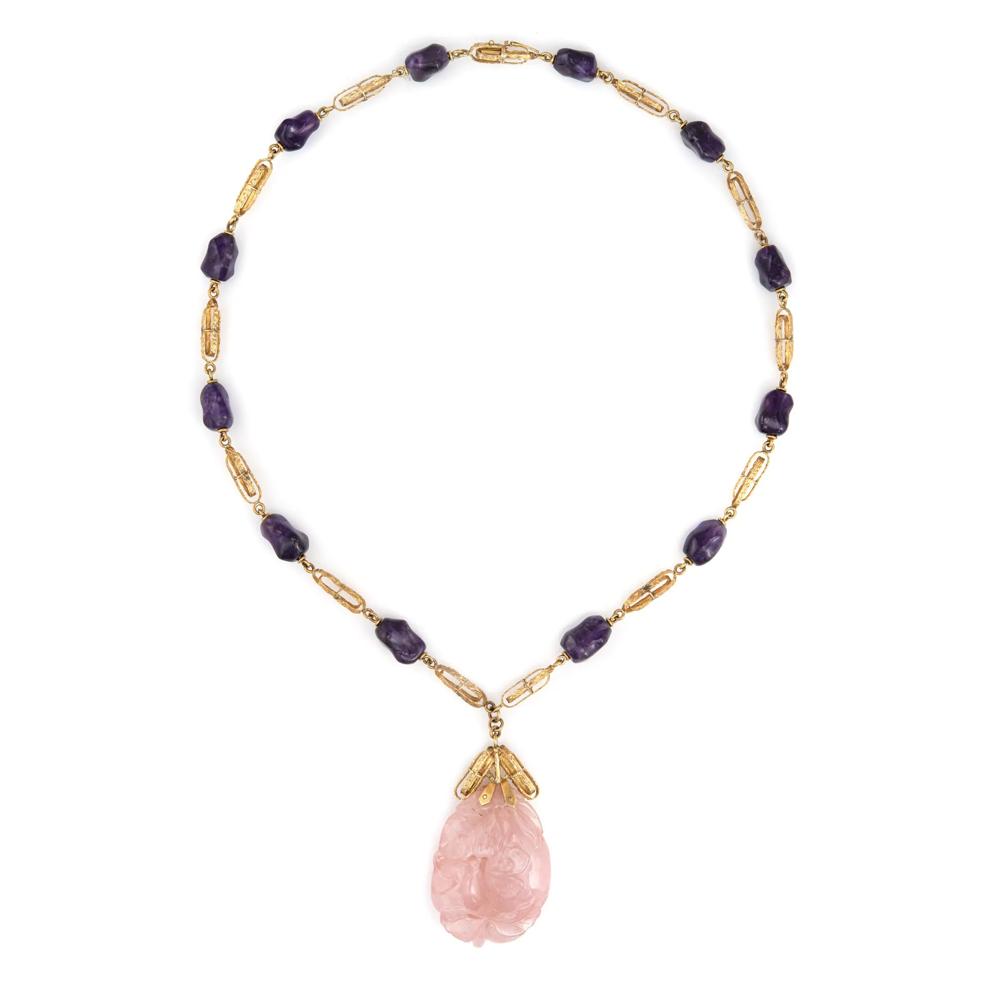 Vintage 70s Necklace Amethyst Rose Quartz 14k Gold 25" Long Strand Nugget Links