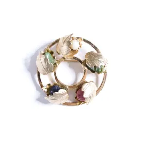 Vintage Sarah Coventry Floral Brooch with Lapis, Rose Quartz, Pearl, and Jade